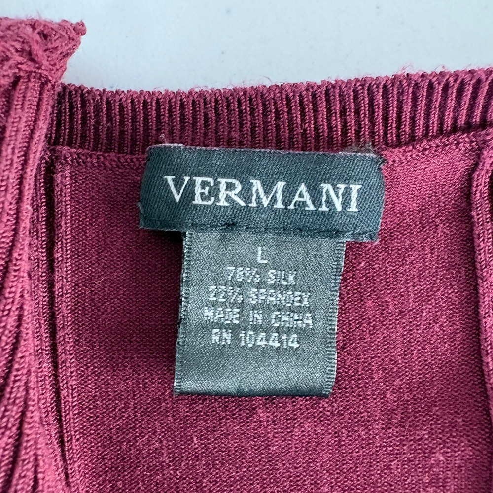 Vermani Silk Blend Sweater Womens L Burgundy Square Neck Ribbed Long Sleeve - Picture 4 of 8